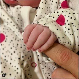 Rosanna Davison & Baby Sophia Leave Maternity Hospital For The First Time hand